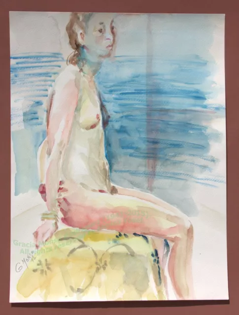 Pink young female model woman sitting  1997 Aquarel Watercolor Painting uframed