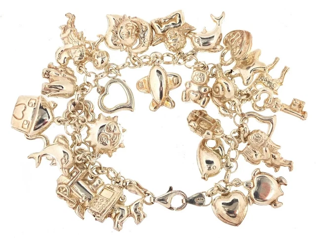 Vintage English  Silver Charm Bracelet With Numerous Charms W/Dolphin Clasp!