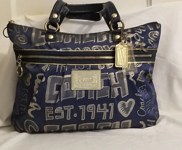 Coach 15301 Poppy Blue & Metallic Gold Sateen & Leather Trim Story Patch Tote...