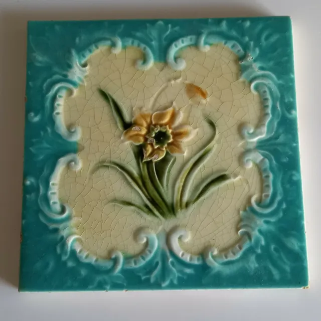 Art Nouveau Henry Richards Majolica Tile yellow Daffodil Torquoise ground