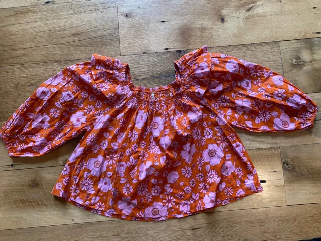 FREE PEOPLE Miss Daisy Floral Printed Smock Blouse In Orange Pink Size Small