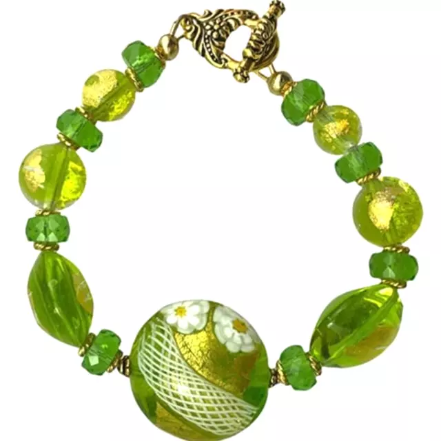 NEW Genuine Murano Glass Venetian Bead Bracelet Green Zanfirico Millefiori Italy