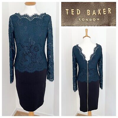 TED BAKER Vendela Teal Black Lace Bodycon Pencil Cocktail Midi Dress 2 UK 10