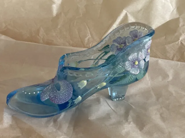 FENTON Art Glass Artist Signed Blue Glass Shoe  Hand Painted 95th Anniversary