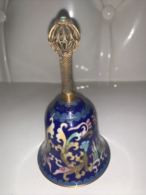 A Vintage Chinese Enamel Cloisonné Bell Blue Bell Brass Rare Beautiful 2