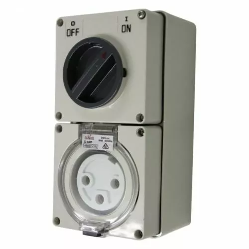 32 amp 3 pin - Combination Switched Socket Outlet - ROUND PINS Single Phase IP66