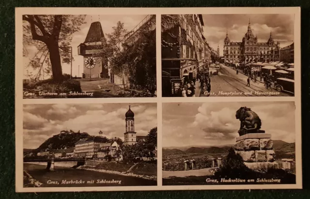 AK Graz Mehrbildkarte Schlossberg Hackerlöwe Uhrturm Murbrücke 1930er