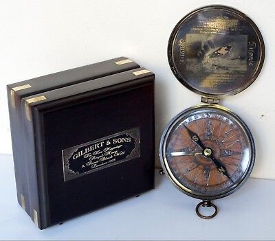Antique Brass Compass Titanic Magnetic Maritime Marine w/ Wooden Box Great Gift
