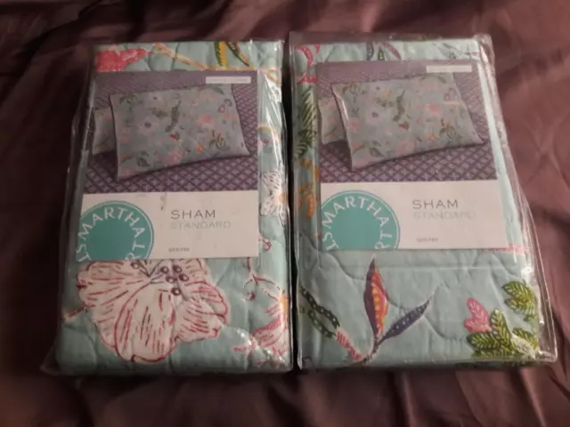 Martha Stewart-Pair of Sophie Floral Standard Quilted Shams Blue Green Pink NIP