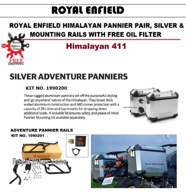 Royal Enfield "Panniers Box Silver & Rail With Free Oil Filter" Himalayan 411