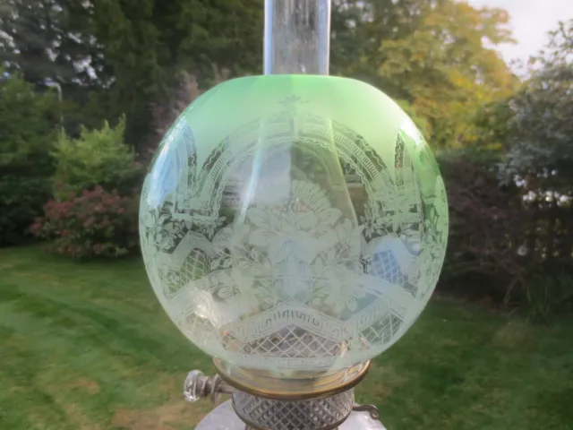Superb Original Antique Veritas Green Acid Etched Duplex Oil Lamp Shade