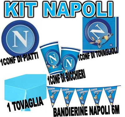 COORDINATO SPORT SSC CALCIO NAPOLI PER COMPLEANNO EVENTI ADDOBBI TAVOLA FESTA 16 PIATTI, 16 BICCHIERI, 16 TOVAGLIOLI,1 TOVAGLIA,8 PALLONCINI kit n°17 Cdc- 
