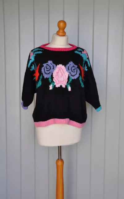 Vintage 1980’s Handknit Jumper -Black Soft Cotton -Short Sleeved-Flowers-SZ 8-10