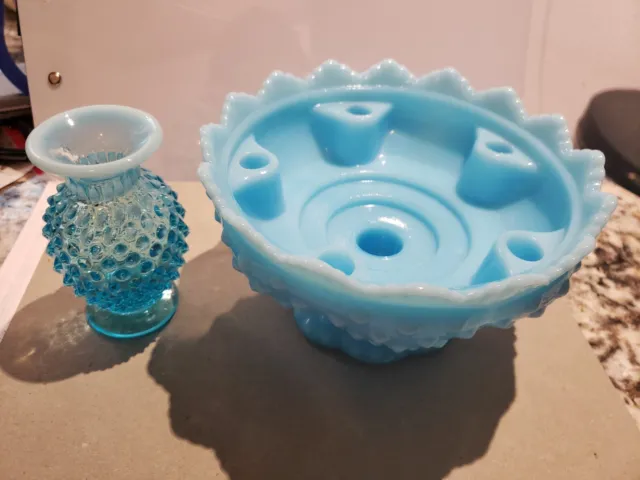 Opalescent Bud vase & Candle Holder Bowl Blue Milk Glass Fenton Glass Hobnail