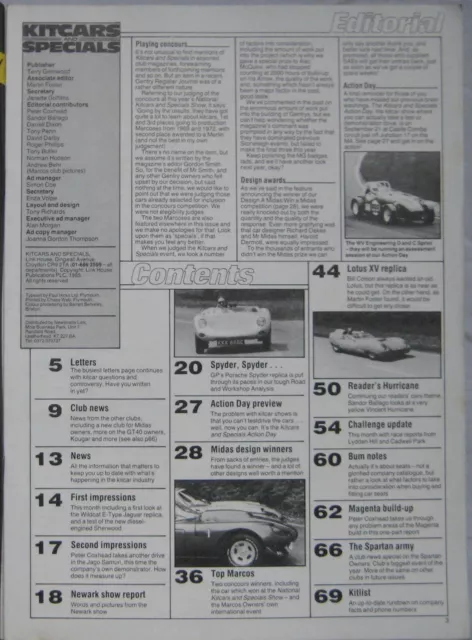 Kitcars & Specials magazine September 1985 featuring GP Spyder, Marcos 2