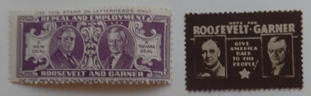 Two 1932 Franklin D Roosevelt John N Garner Jugate Presidential Campaign Stamps