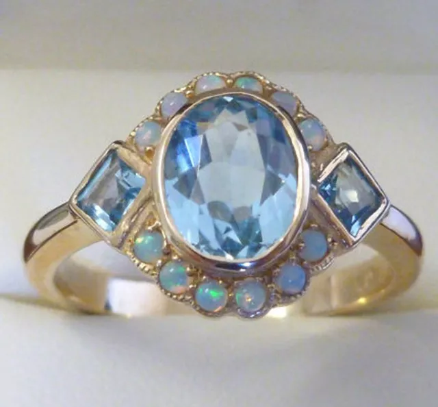 9ct Solid Gold Blue Topaz & Opal Women's Victorian Ring R4, size 7, Ready Made