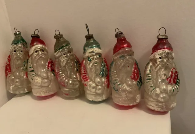 Antique 1930S Mercury Glass Santa Claus W/ Tree Christmas Ornaments Lot 6 Japan