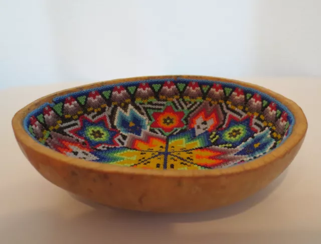 HUICHOL Beaded Bowl Carved Gourd Colorful Intricate Pattern 4.25" Made in Mexico