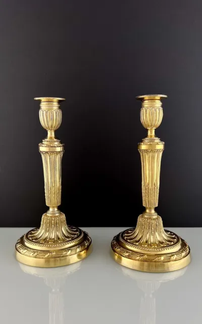 Pair Antique Louis XVI Style French Gilt Bronze Candlesticks 19th Century