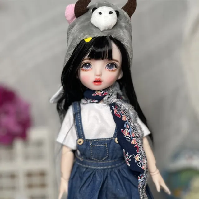 30cm BJD Doll 1/6 Ball Jointed Girl Dress Hat Outfits Black Wigs Eyes Full Set