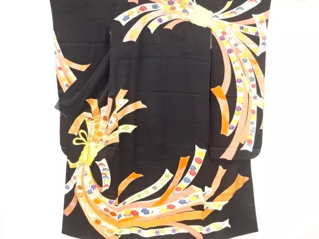 82389# Japanese Kimono / Antique Furisode / Embroidery / Noshi With Flower