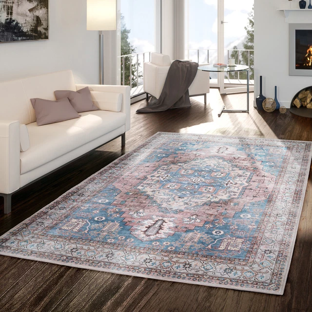 Tapis Tissage Plat Motif Marocain Vintage Bordure Moderne Lavable