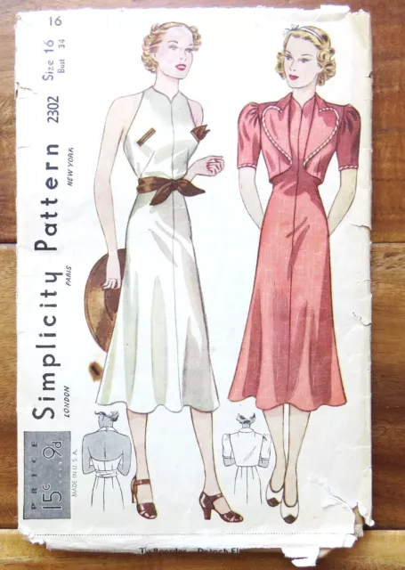 Vintage Simplicity 1930s Sundress with Bolero Sewing Pattern 34 Bust COMPLETE