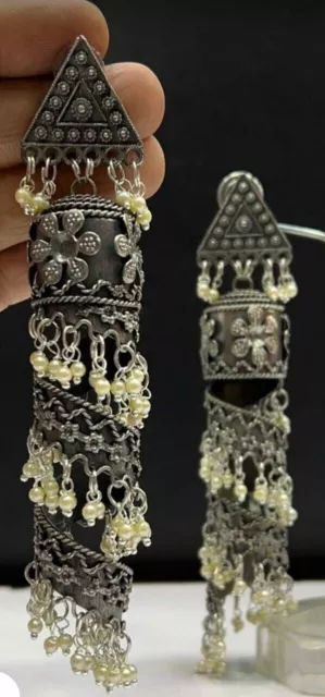 Boucles D'oreilles Indien Bollywood Plaqué Argent Oxydé Lourd Mode Jhumka...