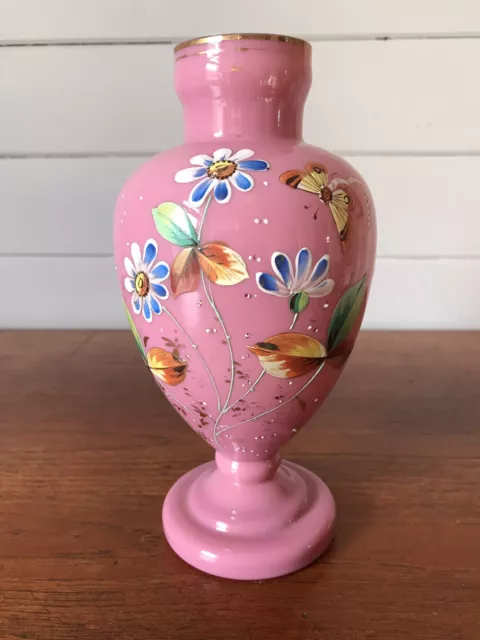 Vintage Victorian Pink Over White Cased Glass Hand Painted Floral Motif Vase