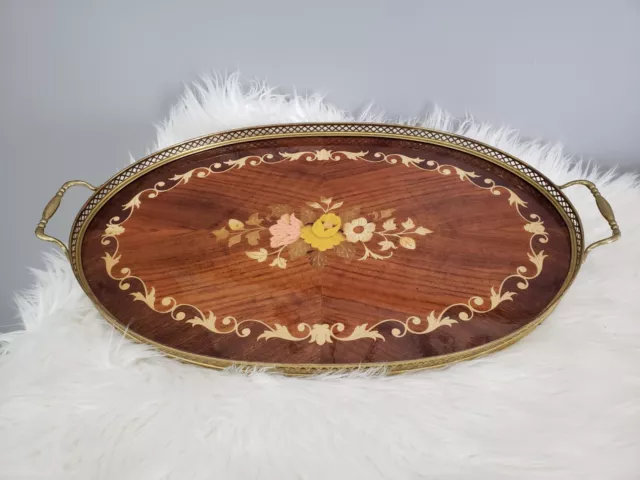 Vintage Italian Inlaid Wood Tray Marquetry With Brass Gallery And Handles mcm