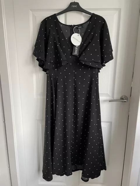 Ladies Black Mix BOOHOO Ruffle Angel Sleeve Midi Spotted Dress - Size 12 BNWT