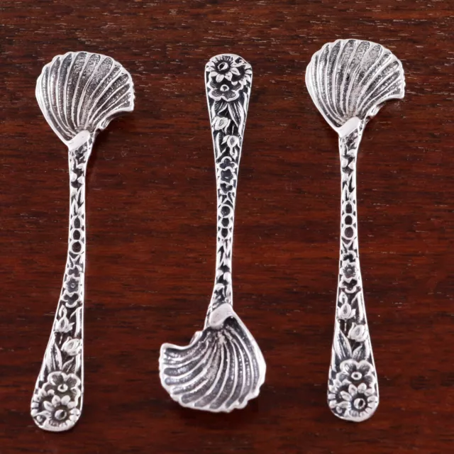 3 Lovely American Sterling Silver Salt Spoons Shell Bowls Florals No Monogram