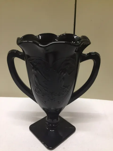 Vtg LE Smith Black Amethyst Glass 2 Handled Urn Trophy Vase Dancing Nymphs