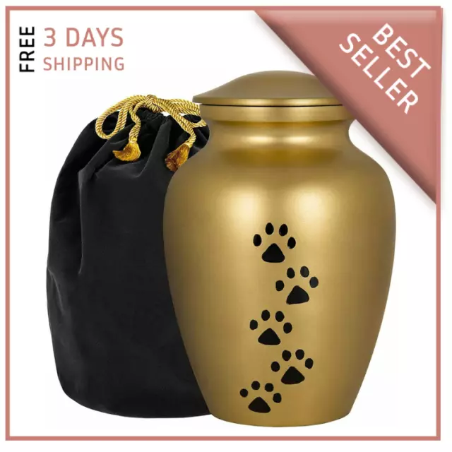 Small Gold Pet Cremation Urn for Ashes for Dog & Cat Up to 17 lbs & Velvet Bag