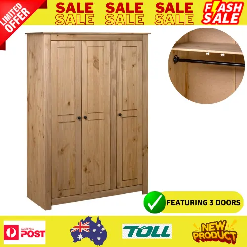 3-Door Wardrobe Wooden Clothes Storage Cabinet Closet Organiser Pine Panama -NEW