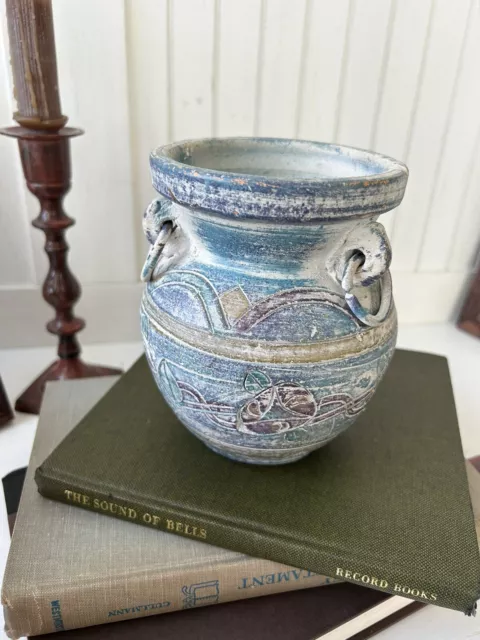 UNIQUE Decorated & Weathered BLUE TERRA COTTA  VASE Urn Southwestern Pottery