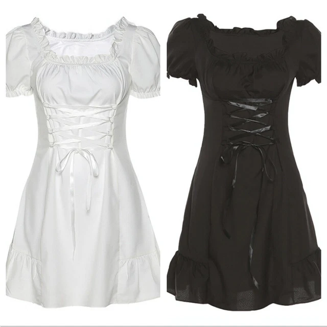 Donna Corto Puff Manica Midi Abito Quadrato Colletto a Balze Fascia Gotico