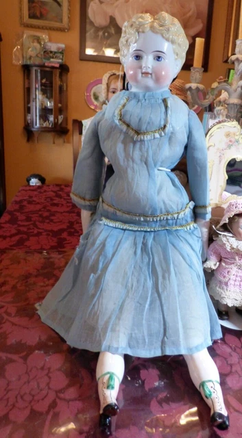 21" Antique China Head Doll Blonde Hair/molded Ears Cloth Body 1870s-80s ABG EX