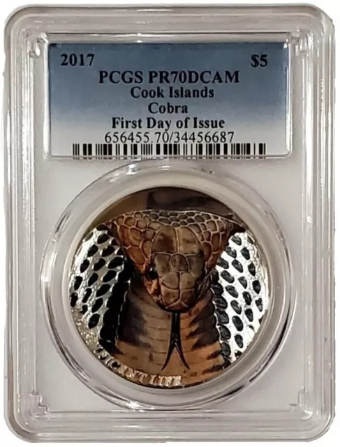 2017 1 Oz Silver $5 Cook Islands MAGNIFICENT LIFE Cobra PCGS PR70DCAM FDOI Coin.