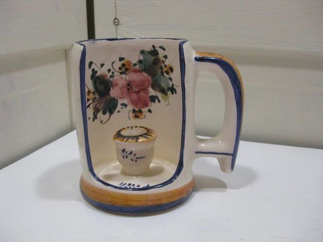 Vintage Hand Painted Floral Italian Pottery Handled Candlestick Holder
