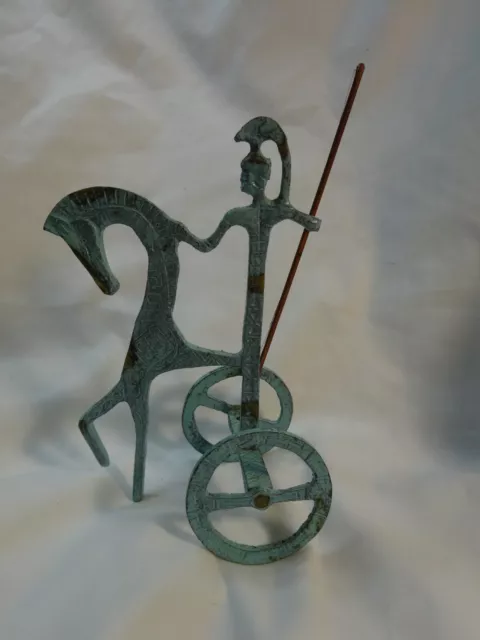 Vintage Bronze Greek Chariot of Athena with Spear Sculpture 7.5"