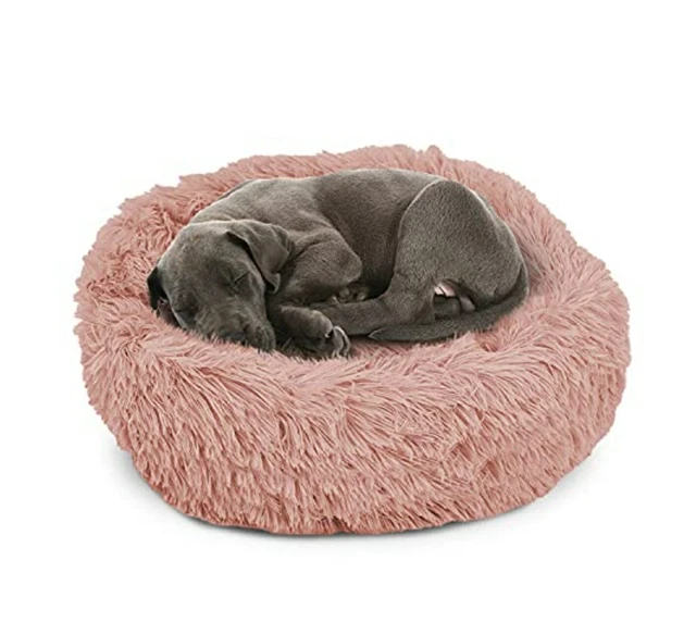 Plush Cat Dog Bed - Peach Blush -L Soft,Warm Calming Round Cushion Donut Pillow
