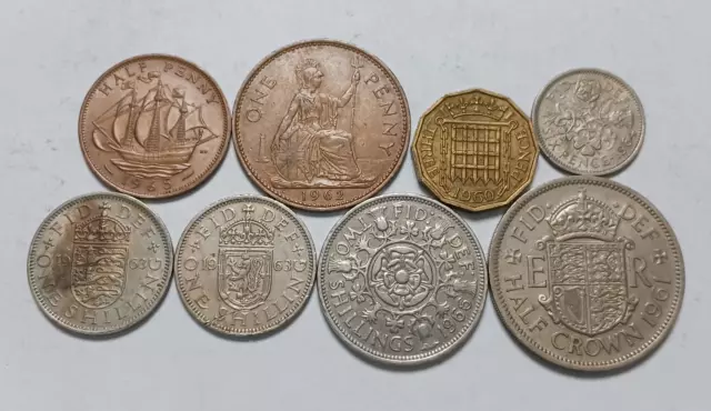 Great Britain 8x Coin Type Set 1960-1966 - 1/2 Penny to 1/2 Crown - QEII
