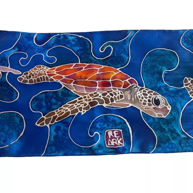 Artisan Hand Painted Silk Scarf Life Cycle of Sea Turtle Rectangle 50x8" Tropic