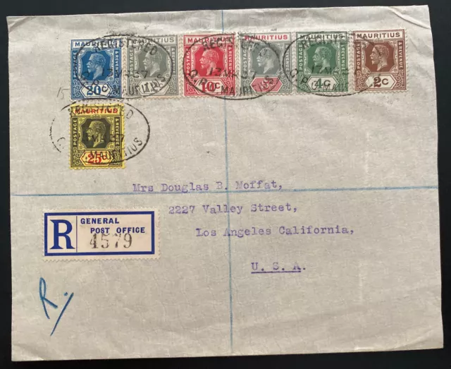 1937 Mauritius General Post Office Registered cover To Los Angeles CA USA