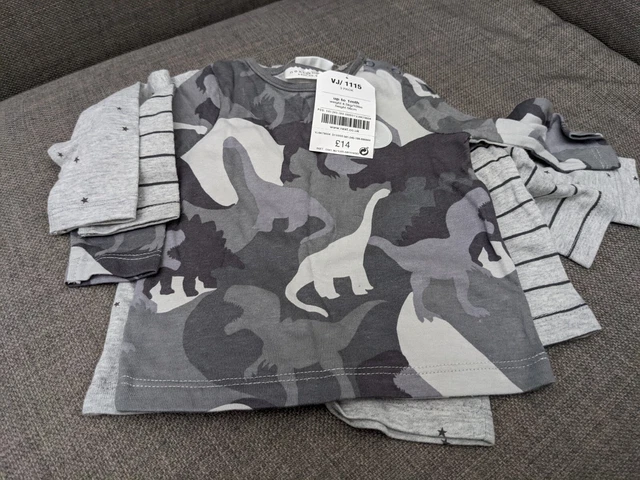 BNWT 3 Baby Boys Next Dinosaur Grey Long Sleeved T-shirts Up To 1 Month Newborn