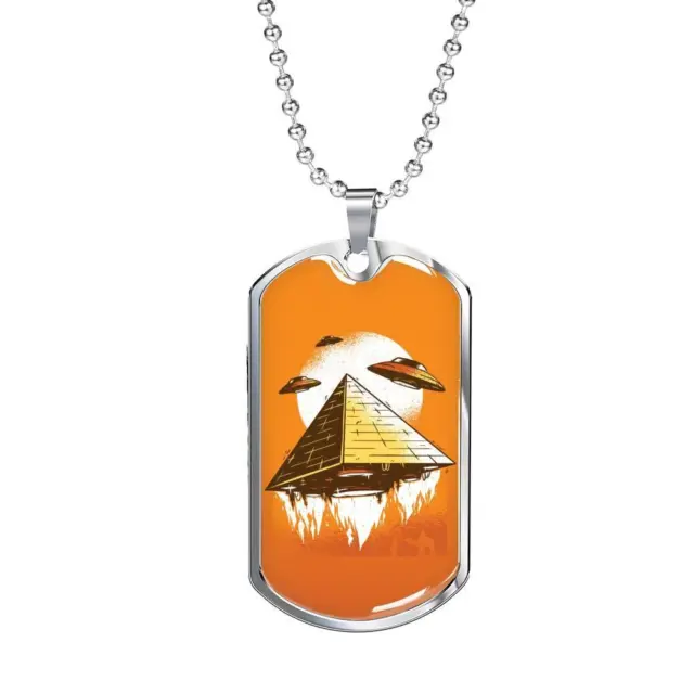 Alien UFO Fan Gift Alien Pyramid Necklace Stainless Steel or 18k Gold Dog Tag 24