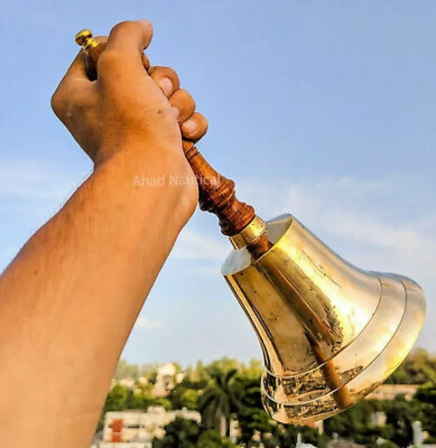 Large Brass and Wood School Bell / 11" Vintage Hand Bell