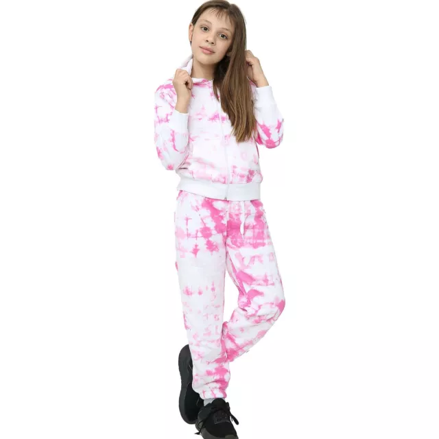Kids Girls Tracksuit Tie Dye Print Pink Hooded Hoodie & Bottom Jogging Suits